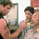 Sensei Kreese (Martin Kove) confronts Daniel and Mr. Miyagi in The Karate Kid